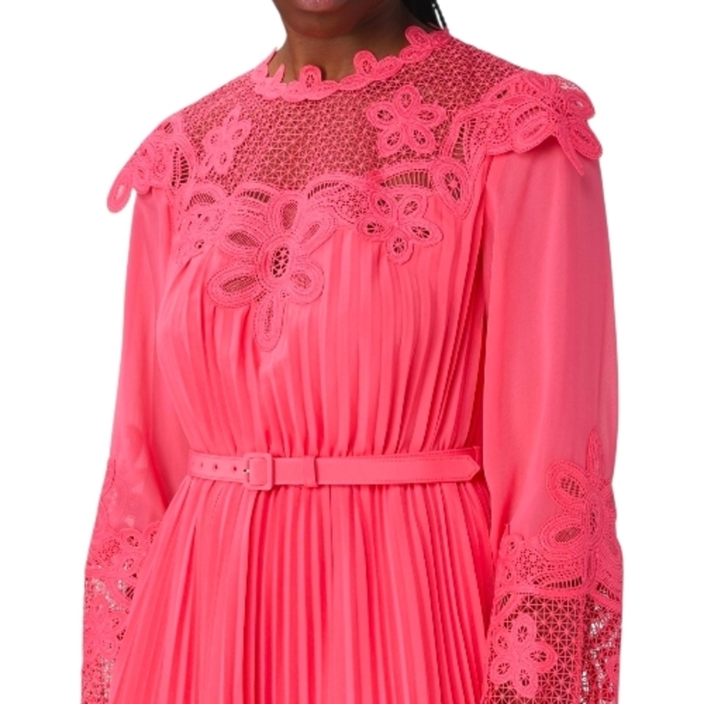 Self-Portrait Coral Pink Chiffon Lace Bib Maxi Pleated Dress – Size US 6 NWT - Picture 5 of 10